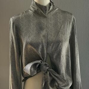 The Look Randolph Duke Vintage Long Sleeve High Collar Tie Front Blouse Women 10